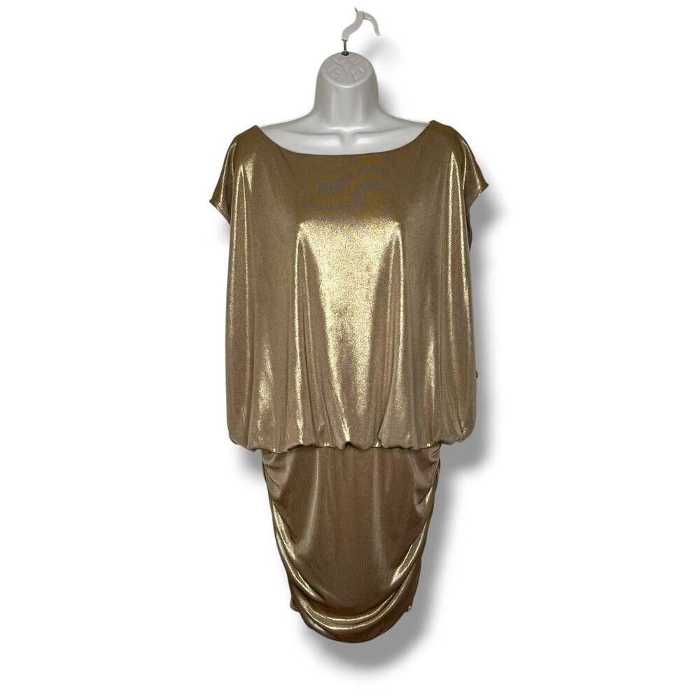 BCBGMaxAzria Gold Metallic Draped Cocktail Dress Women Large Blouson Mini Glam